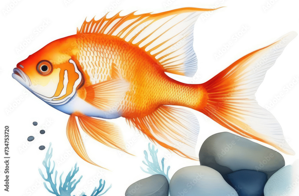 Goldfish pet digital brush oil painting illustration isolated on white background, gold fish swimming acrylic color drawing animal cartoon.