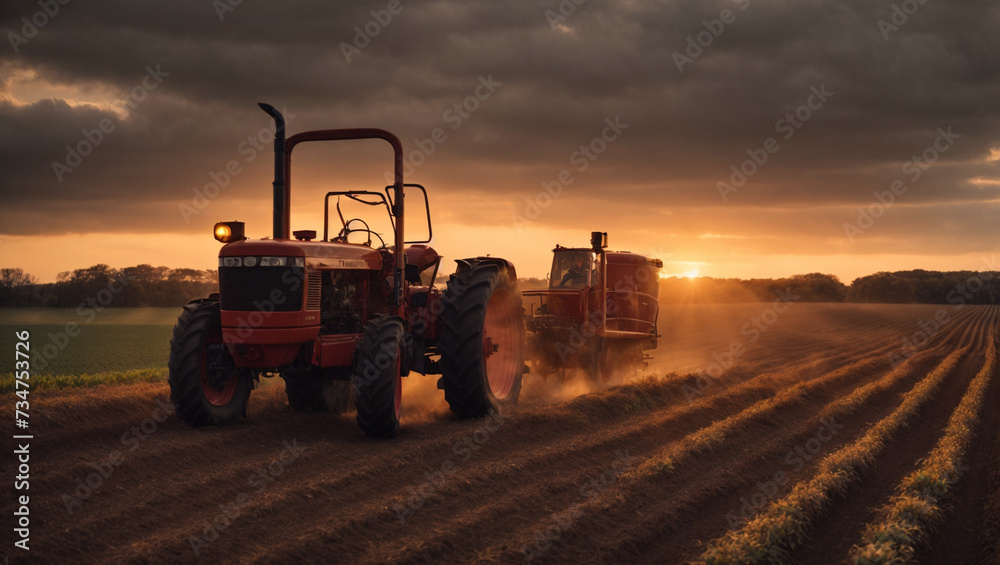 Fototapeta premium Modern tractor plowing at the sunset background. Generative Ai