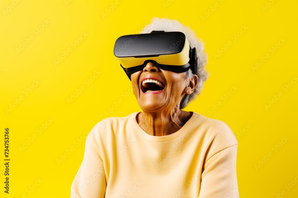 66-year-old Hispanic woman smiling with delight as she experiences virtual reality with wireless VR goggles against a soft yellow pastel backdrop with ample copy space, her eyes shining with excitemen 66-year-old Hispanic woman smiling with delight as she experiences virtual reality with wireless VR goggles against a soft yellow pastel backdrop with ample copy space, her eyes shining with excitemen