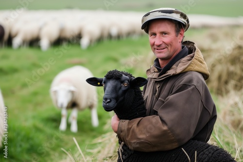 farmer with black sheep, white flock in background