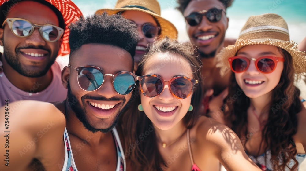 Joyful friends in sunglasses taking a selfie on the beach.