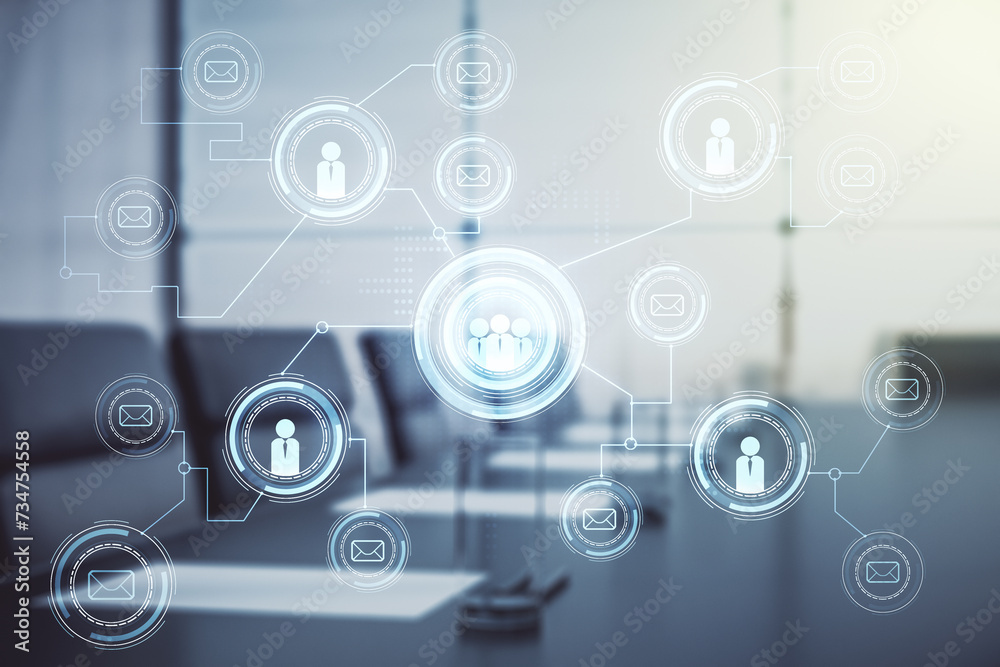 Abstract virtual social network hologram on a modern coworking room background. Double exposure Abstract virtual social network hologram on a modern coworking room background. Double exposure