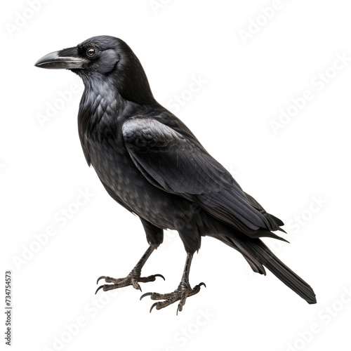 Dark portrait of black crow bird. Black raven against on white background.
