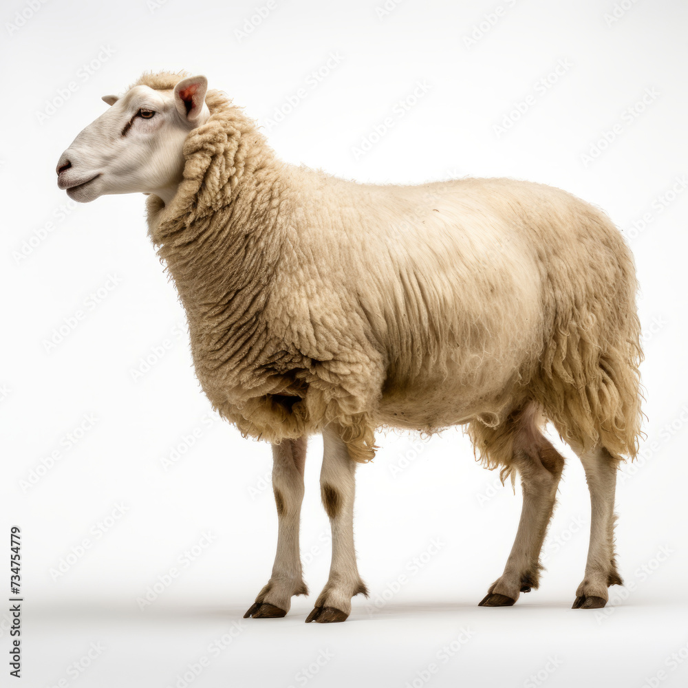 Fototapeta premium Fluffy sheep isolated on white background. Farmland animals concept.