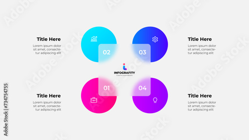 Cycle scheme with four circles and glassmorphism square. Concept of business process with 4 steps. Infographic design template
