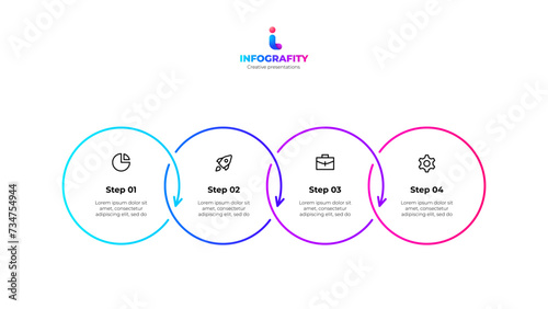 Outline infographic design template. Progress diagram with 4 circles elements placed in horizontal row. Concept of startup development four options