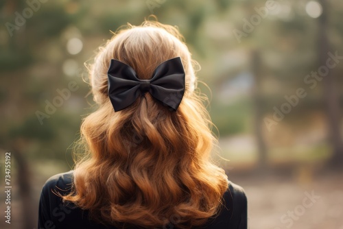 
Photograph a fashionable hair accessory featuring a small trendy bow worn at the back of a woman's head, adding a chic accent to her hairstyle photo
