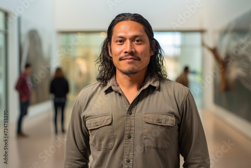 A modern Indigenous man, aged 40, dressed in a button-down shirt and khaki pants, standing in front of a contemporary art gallery. photo