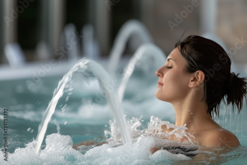 woman in a hydrotherapy pool, water jets directed at her shoulders photo