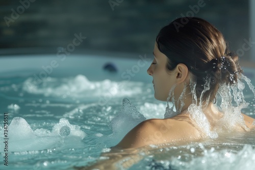 woman in a hydrotherapy pool, water jets directed at her shoulders photo