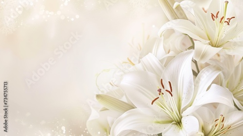 A cluster of white flowers with yellow centers and green foliage rests elegantly on a white non-woven wallpaper background  creating a minimalist and calming composition