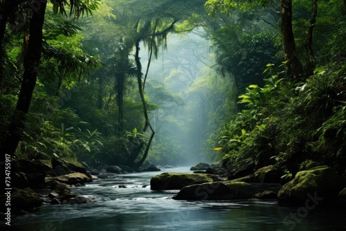 Tropical rainforest, Asian tropical jungle rainforest in daytime. Neural network, Ai generated