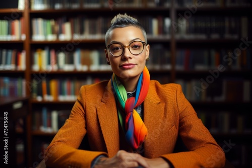 A non-binary individual, aged 31, of Mediterranean descent, wearing a tailored blazer and vibrant scarf, their expression thoughtful and introspective as they sit in a library surrounded by books. photo