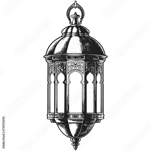 arabic lantern illustration with engraving style black color only