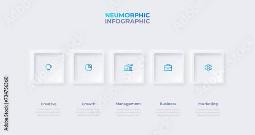 Neumorphic horizontal progress diagram with 5 square elements. Infographic design template