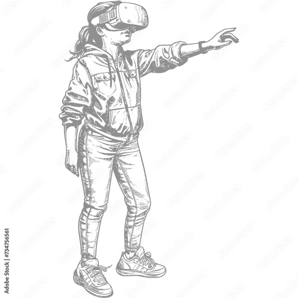 girl playing virtual reality headset with engraving style black color only girl playing virtual reality headset with engraving style black color only