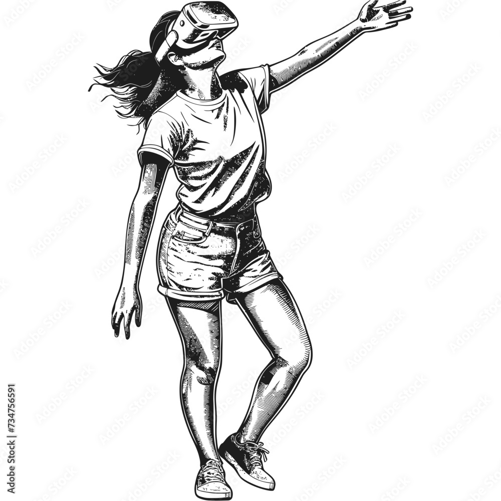 Fototapeta premium girl playing virtual reality headset with engraving style black color only