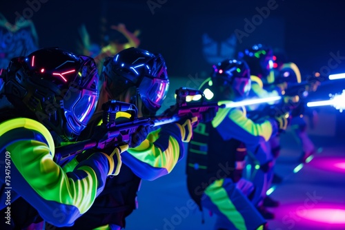 two teams in neon gear aiming laser guns in a dark arena © Alfazet Chronicles