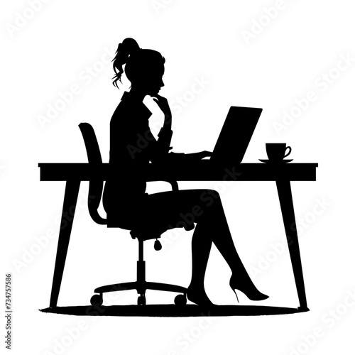 Silhouette Office Desk With Laptop and Coffee with women working inside
