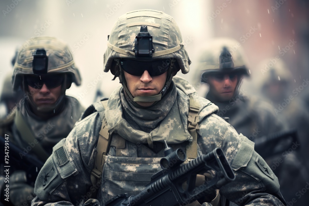 Group of us army soldiers, soldiers with weapon pose for photo, men in modern uniform. Portrait of group of military, Ai generated Group of us army soldiers, soldiers with weapon pose for photo, men in modern uniform. Portrait of group of military, Ai generated