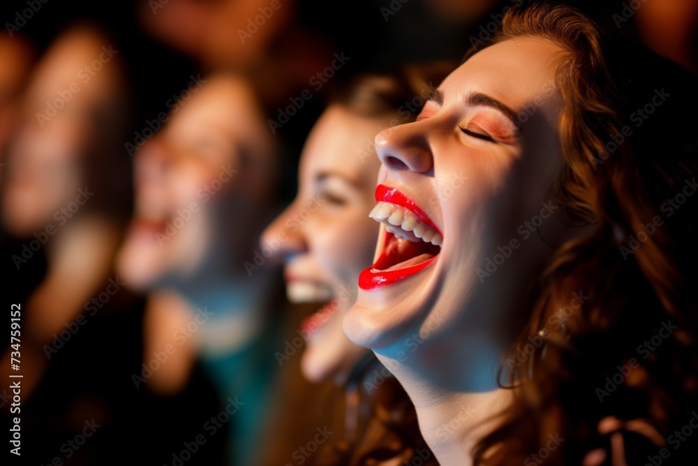 woman laughing with red lips, in a crowd at a comedy club