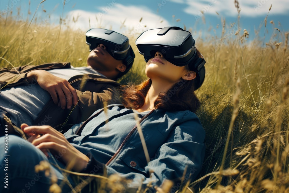  A young couple lying on a blanket in a meadow, wearing wireless VR headsets and reaching out to touch virtual objects together with fascination