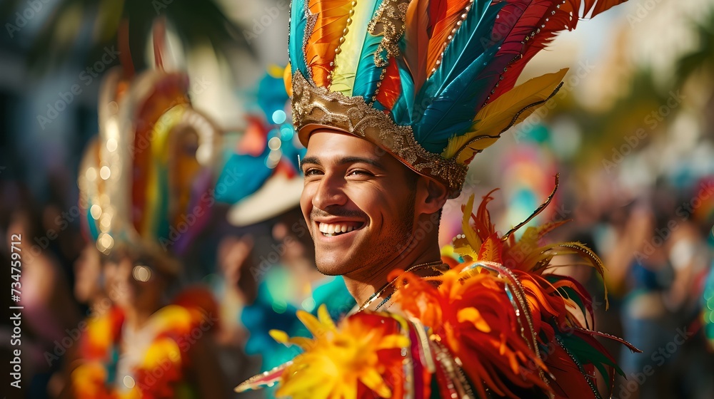 A jubilant man in vibrant carnival attire smiling at a festive event. colorful feathers and headdress signify celebration. dynamic cultural expression captured in portrait style. AI