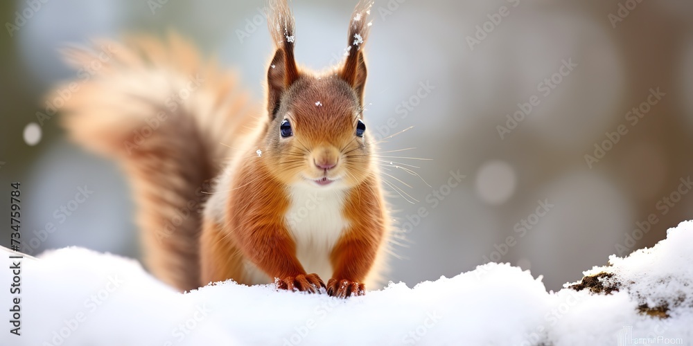 Cute red squirrel in falling snow, animal in winter. Cute red squirrel in falling snow, animal in winter.