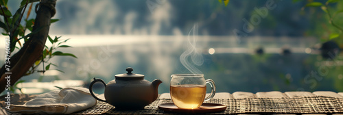 A serene natural backdrop sets the stage for a teapot and cup of tea on the table, offering a moment of tranquility and connection with nature