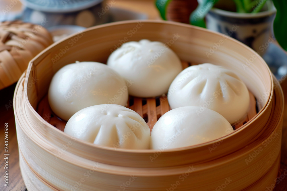 Bamboo steamers with tasty baozi steamed buns Bamboo steamers with tasty baozi steamed buns