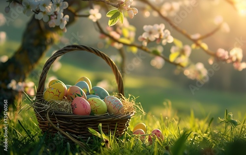Easter - Painted Eggs In Basket On Grass