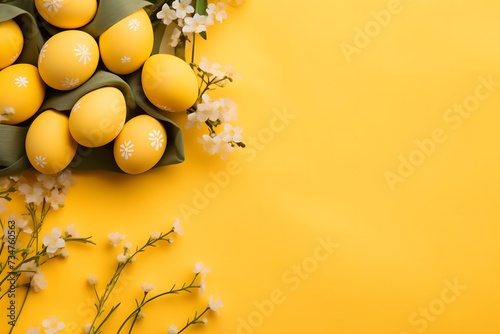 Easter banner with eggs, napkin and flowers on a yellow background.