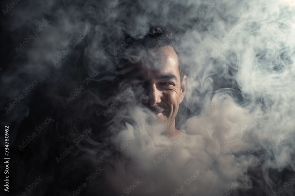man with a mysterious smirk surrounded by smoke