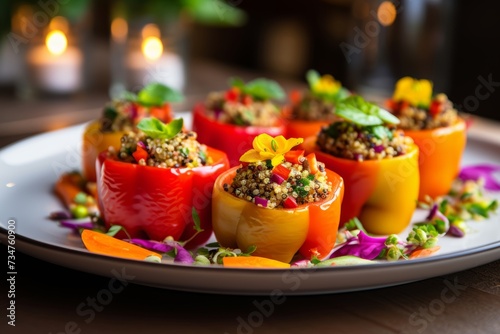 Close up photo of raw vegan stuffed bell peppers filled with quinoa and mixed vegetables, beautifully presented in a modern apartment setting