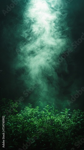 Ethereal green-tinged smoke rises above a dense bed of small plants in a mysterious, dark setting