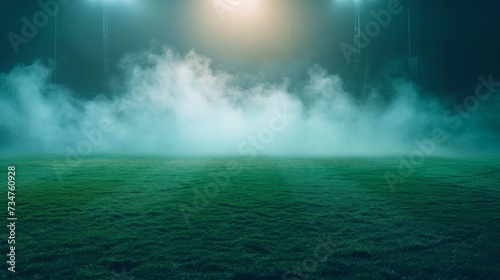 A misty sports field at night illuminated by bright lights, creating a mysterious and atmospheric scene © TheGoldTiger
