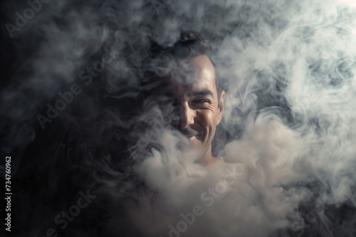 man with a mysterious smirk surrounded by smoke