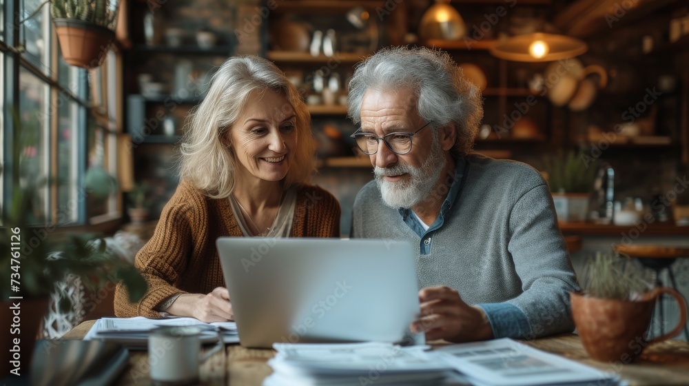 Two older adults are looking at a laptop together in a cozy, plant-filled room Two older adults are looking at a laptop together in a cozy, plant-filled room