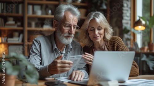 An elderly couple attentively reviews documents together in front of a laptop in a cozy  well-lit room