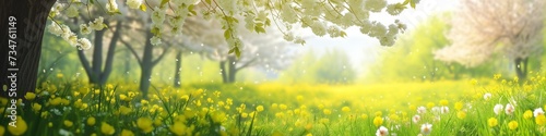 spring equinox banner concept, gentle touch, white blossoms over a meadow of wildflowers with space for text or product