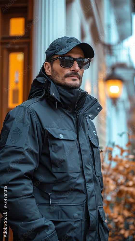 A man wearing a black jacket, sunglasses, and cap stands confidently on an urban street, autumn vibes
