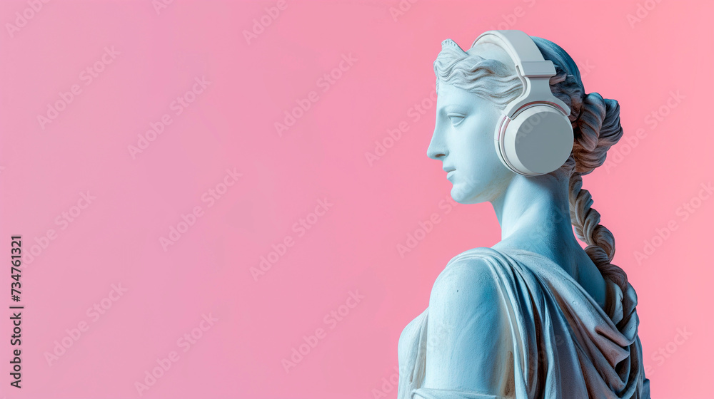 Greek statue of goddess wearing large headphones, pastel background Greek statue of goddess wearing large headphones, pastel background