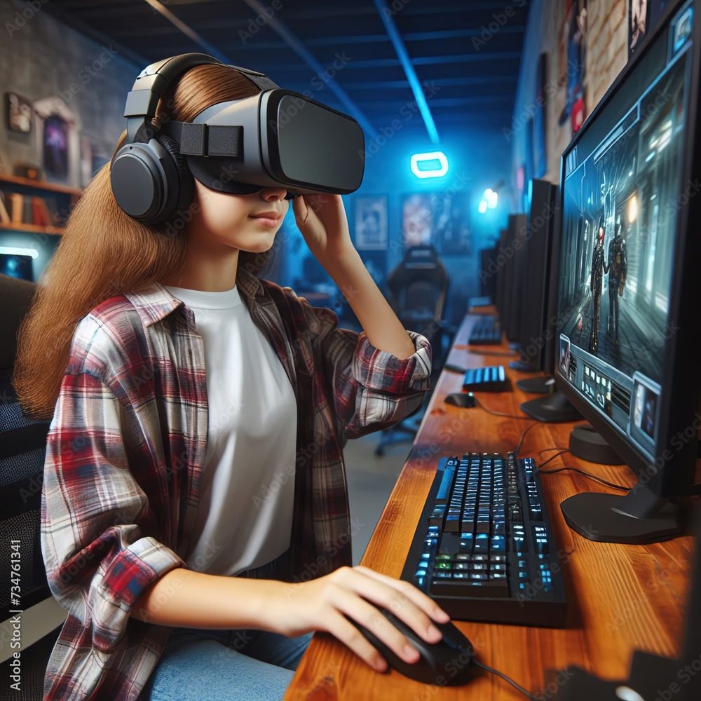 A girl uses vr headset on modern gaming center. Augmented reality concept. 