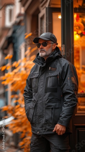 A bearded man wearing sunglasses and a black jacket stands pensively by a shop window
