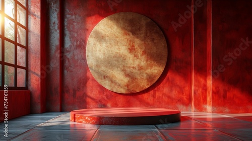 A spacious room with red walls, a large circular art piece, and sunlight streaming through windows
