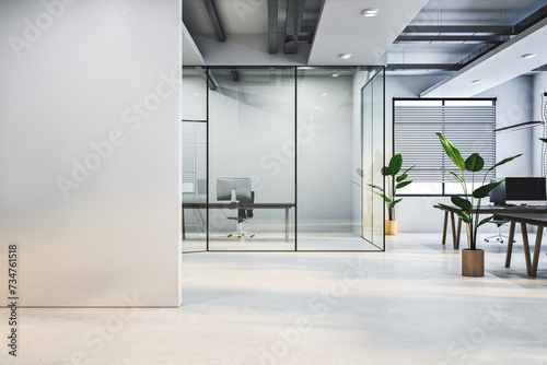 Modern glass office interior with empty mock up place on wall, furniture and equipment. 3D Rendering. © Who is Danny