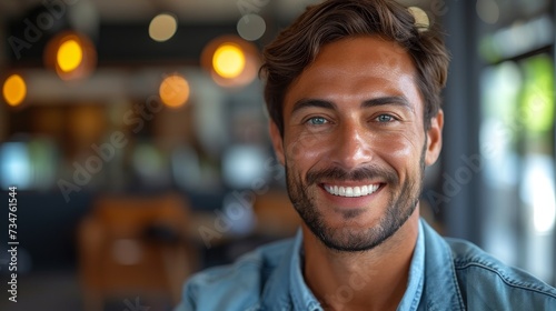 A smiling man with stubble, wearing a denim shirt, in a well-lit cafe with blurry background