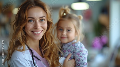 A smiling woman with a stethoscope holds a young girl, suggesting a friendly medical professional with a child