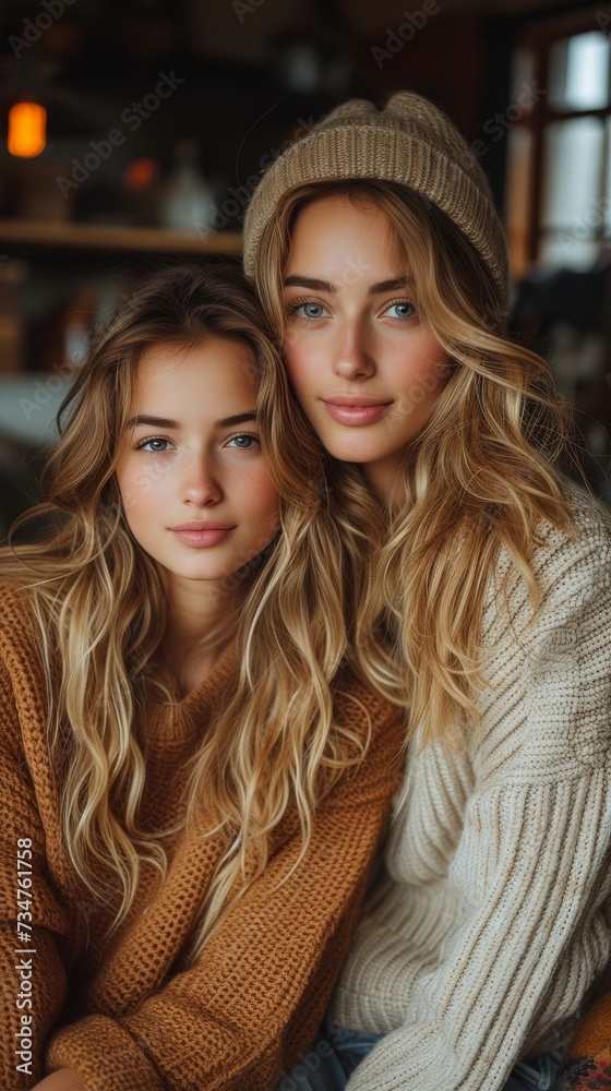 Two women with wavy blonde hair wearing sweaters and a beanie pose closely in a cozy interior Two women with wavy blonde hair wearing sweaters and a beanie pose closely in a cozy interior
