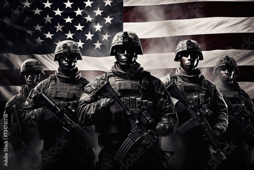 A powerful image of a group of soldiers united over us flag, soldiers with weapon pose for photo, men in modern uniform. Portrait of group of military, Ai generated photo